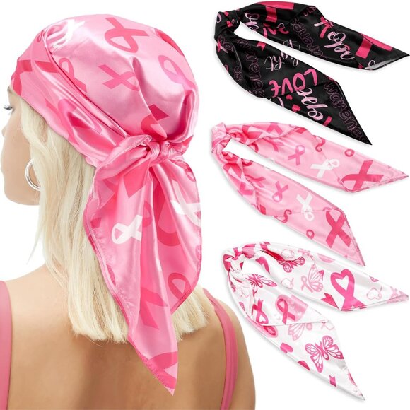 Set of 3 Pink Ribbons Cancer Awareness Satin Scarves Women Men 27.5'' - Picture 1 of 6